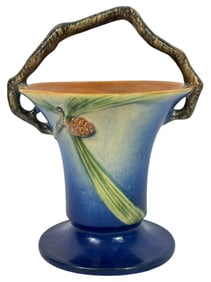 Roseville Pottery Pinecone Blue Basket Vase #315-7
