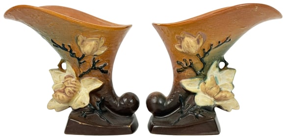 Pr of Roseville Pottery Magnolia Cornucopia Vases