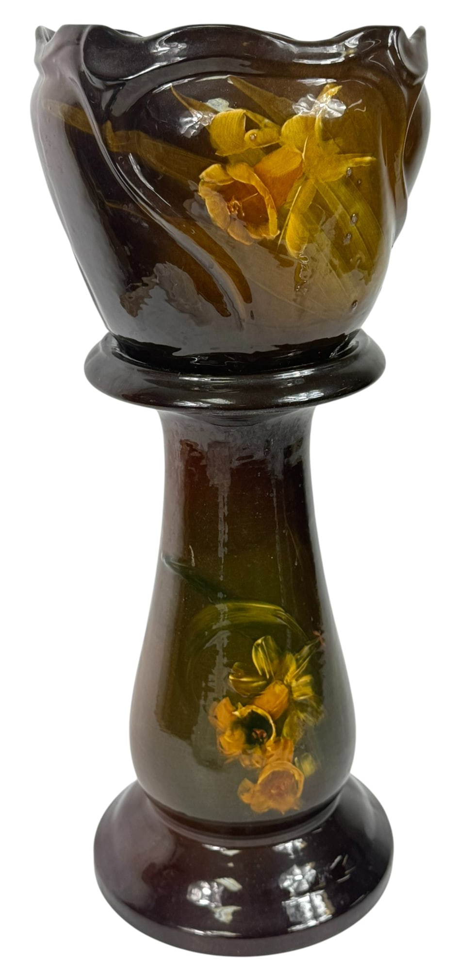 Vintage Floral Glazed Pedestal Jardiniere Planter: Vintage pedestal jardiniere planter, featuring a two-piece design with matching base and bowl. The piece is finished in a rich brown glaze with hand-painted yellow and orange floral decoration on both