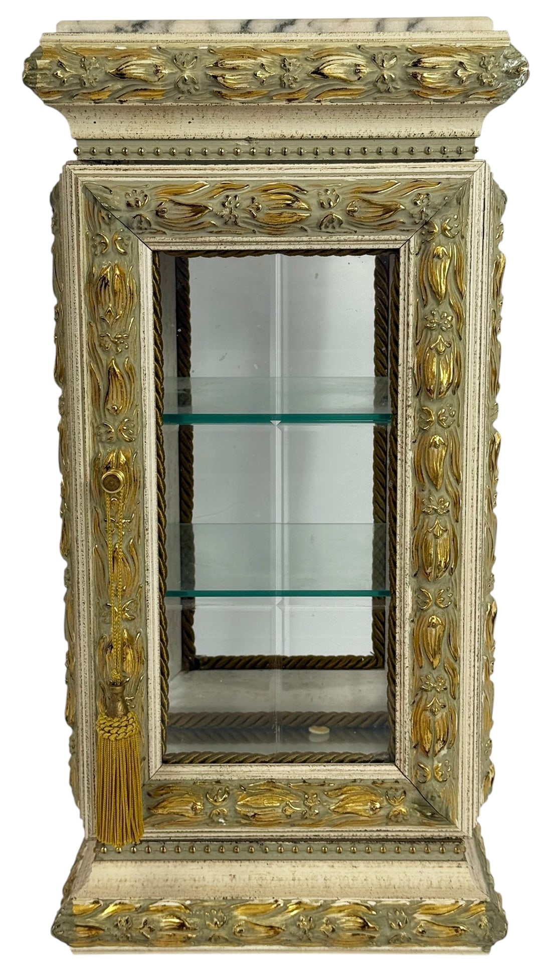 Horchow Ornate Giltwood & Glass Shelf Display Case: Horchow ornate mirrored display cabinet featuring a painted and gilt wood frame adorned with acanthus leaf carvings and bead detailing, accented with gold highlights. The cabinet includes a white and