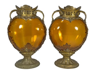 Antique Pair of Bronze & Amber Glass Urns