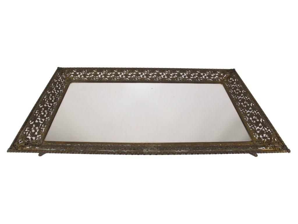 Antique Filigree Bronze & Mirror Service Tray (1 of 7)