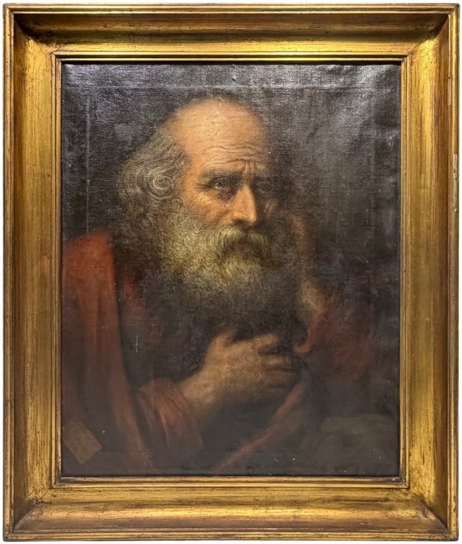 G. Torres, 1871 Oil Painting on Canvas SIGNED: 19th-century oil portrait of an elderly bearded man with teary eyes and red garment, rendered in warm earthy tones. Signed 'G. Torres 1871,' with an inscribed note to 'E. Garcia' dated 1872. Work Size
