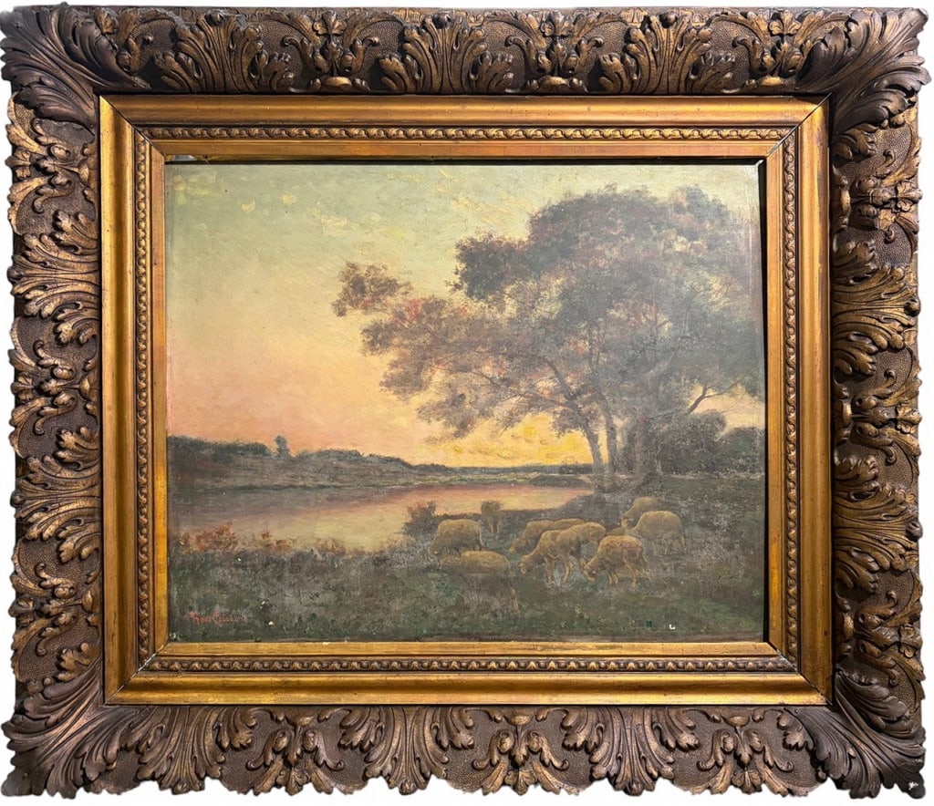 Rosa Calcagno Framed Landscape Oil on Wood SIGNED: Landscape oil painting on wood depicting a pastoral sunset scene with grazing sheep by a calm riverbank, surrounded by trees in warm evening light. Signed 'Rosa Calcagno.' Work Size: 20 x 23.5 in. Dim