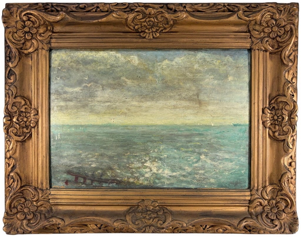 Framed Antique Seascape Oil Painting on Cardboard (1 of 3)