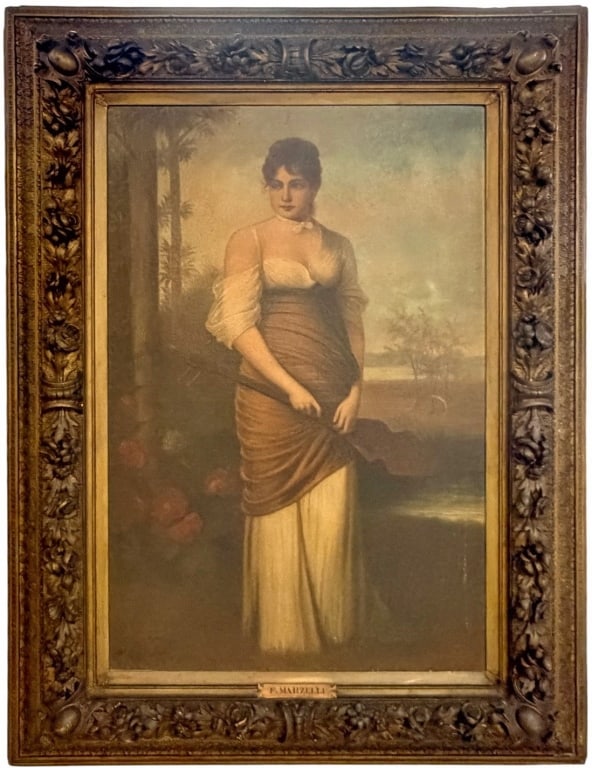 F. Marzelli Portrait Oil Painting on Canvas SIGNED: Oil painting on canvas depicting a standing woman in a draped gown with roses at her side and a landscape background. Signed 'F. Marzelli' in the lower left. Work Size: 41.25 x 26.75 in. Dimensions: