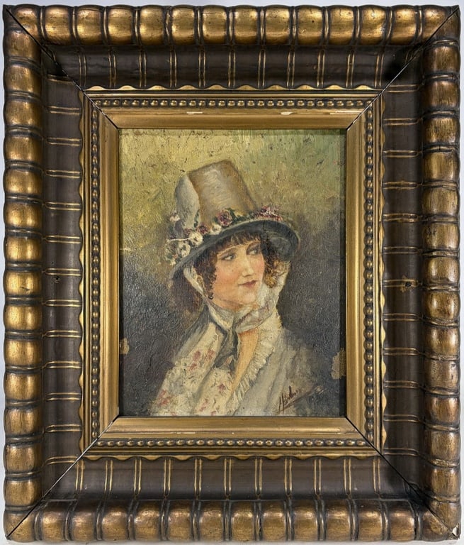 Framed Woman Portrait Oil Painting on Wood SIGNED: Portrait of a young woman in period attire, wearing a floral hat and lace-trimmed scarf. Framed in a deep carved and gilded wooden frame. Signed illegibly to the lower edge.Work Size: 9.5 x 7.75 in.Di