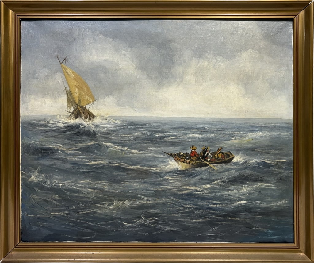 Shipwreck with Lifeboat Oil Painting on Canvas: Framed maritime oil on canvas depicting a shipwreck with survivors rowing from a sinking vessel amid turbulent seas under a pale sky. Work Size: 18 x 21.75 in. Dimensions: 20.15 X 23.5 X 1.5 in.