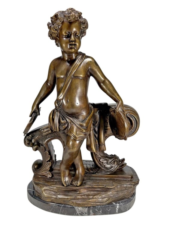 Cherub Holding Drum Bronze & Marble Sculpture (1 of 4)