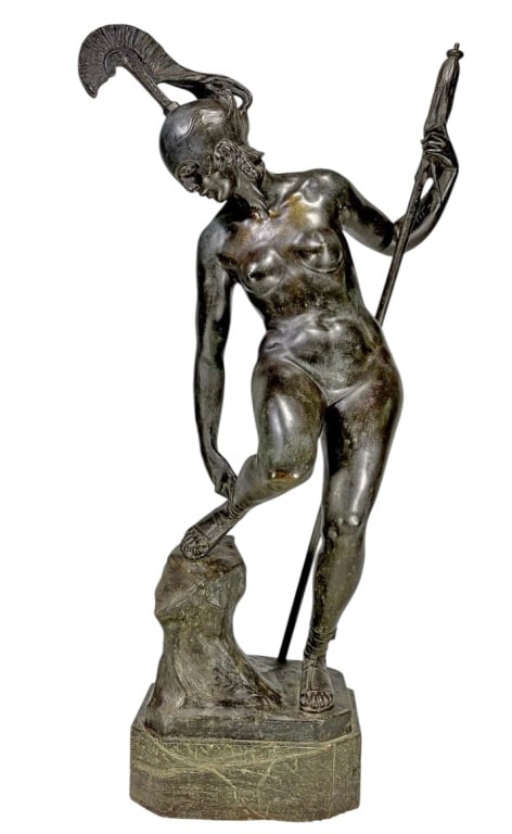 Bruno Zach, Austrian Nude Woman Warrior Bronze: Bruno Zach (Austrian, 1891-1945) patinated bronze of a nude female warrior with helmet and spear on naturalistic base. Signed Zach, numbered 1640, marked Austria. Dimensions: 36.25 X 15.5 X 10.25 in. 