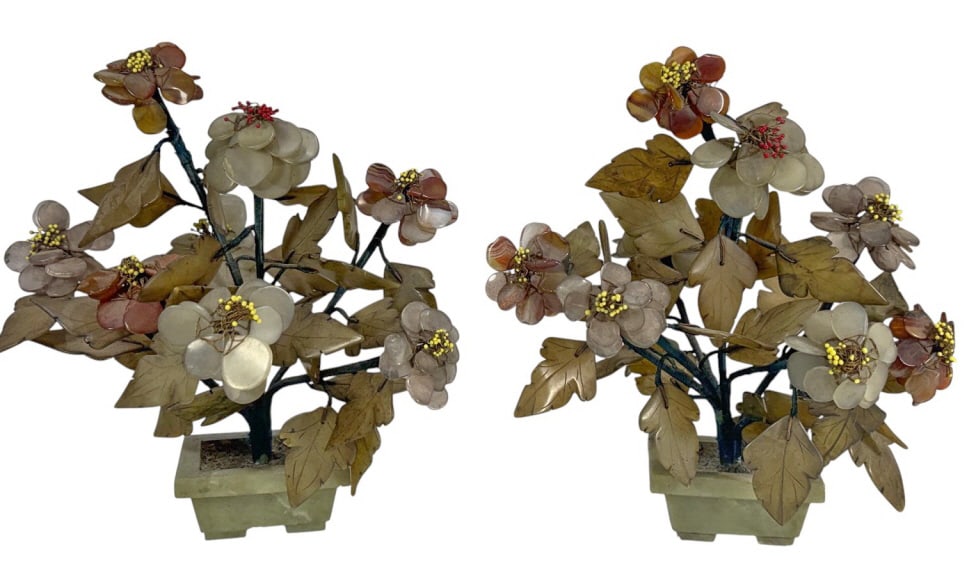 Chinese Hand Carved Hardstone Floral Tree 2pc LOT (1 of 7)