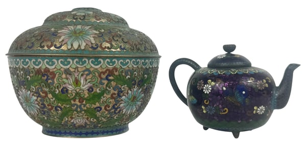 Chinese Cloisonne Enamel Teapot & Bowl 2pc LOT
