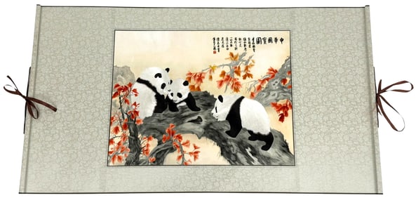 Chinese Silk Embroidery Panda Hanging Scroll w Box