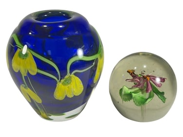 Murano Glass Floral Motif Vase & Paperweight 2pcs