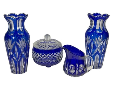 Blue Cut-to-Clear Crystal Jar, Vases & Jug 4pc LOT