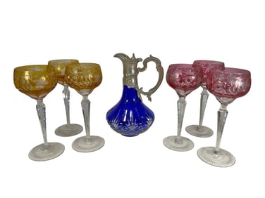 Crystal Glasses & Blue Metal Decanter 7pc LOT