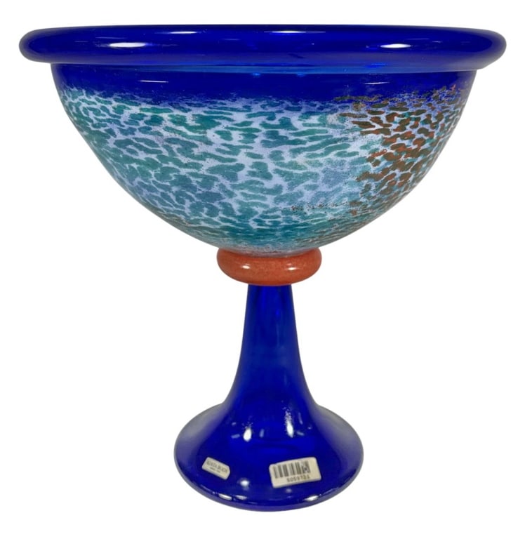 Kjell Engman Heliopora Kosta Boda Glass Bowl: Kjell Engman (Swedish, born 1946) art glass pedestal bowl for Kosta Boda's Heliopora series, with cobalt rim, turquoise and amber body, orange accent node, and original label.Dimensions: 11.5 X 11.5 X