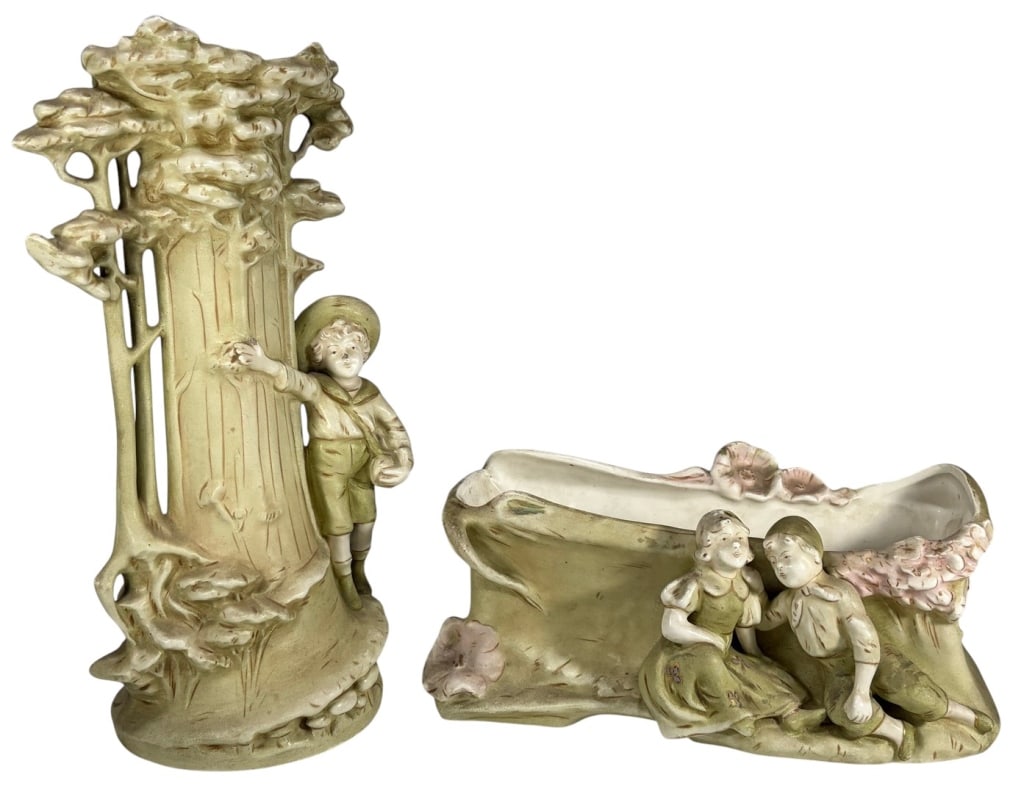 Austrian Vase & Bowl Porcelain 2pc LOT: Two-piece lot of Austrian bisque porcelain with figural relief designs, including a vase with boy by tree and a bowl with seated boy and girl amid blossoms. The largest measures approximately 12.75 in