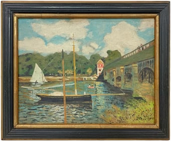 European Boat & Bridge Framed Oil on Wood