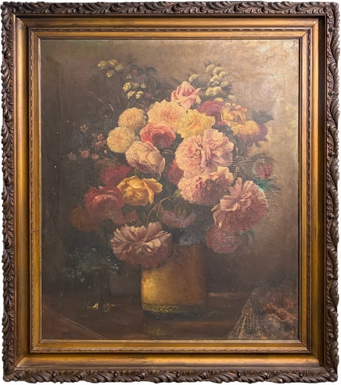 Rosa Calcagno Still Life Oil on Canvas SIGNED: Rosa Calcagno oil on canvas still life depicting a large bouquet of roses, peonies, and other blossoms in a tall earthen vase, rendered in warm tones with soft diffused light. Signed 'Rosa Calcagno' t