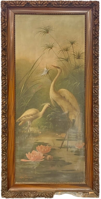 Rosa Calcagno 1908 Oil Painting on Canvas SIGNED: Rosa Calcagno oil painting on canvas depicting two white egrets in a marsh with papyrus and pink water lilies, rendered in soft natural tones against a misty background. Signed 'Rosa Calcagno 1908' in