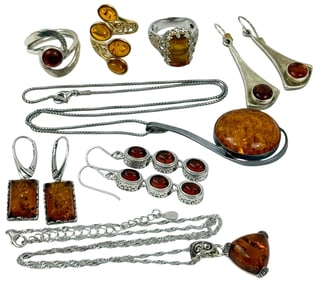 Sterling Silver Amber Jewelry Suite 8pc LOT