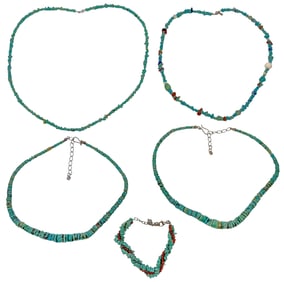 Turquoise Beaded Sterling Jewelry Suite 5pc LOT