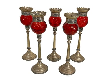 Indian Ruby Glass & Metal Candle Holders 5pcs