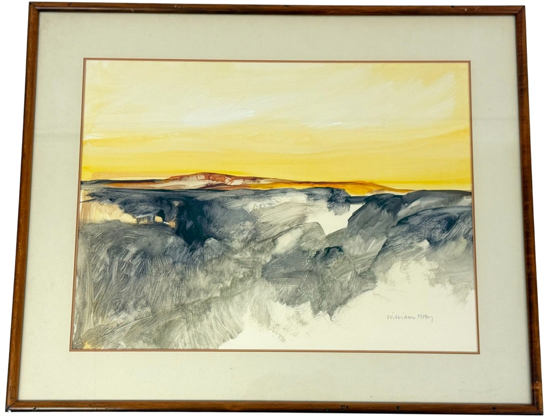 William Hoey Texas Landscape Mixed Media Painting: William Llewellyn Hoey (American, 1930 - 1994) mixed media (watercolor and pastel) painting on paper depicting an atmospheric rural Texas landscape scene with a yellow horizon. Hand signed to the lowe
