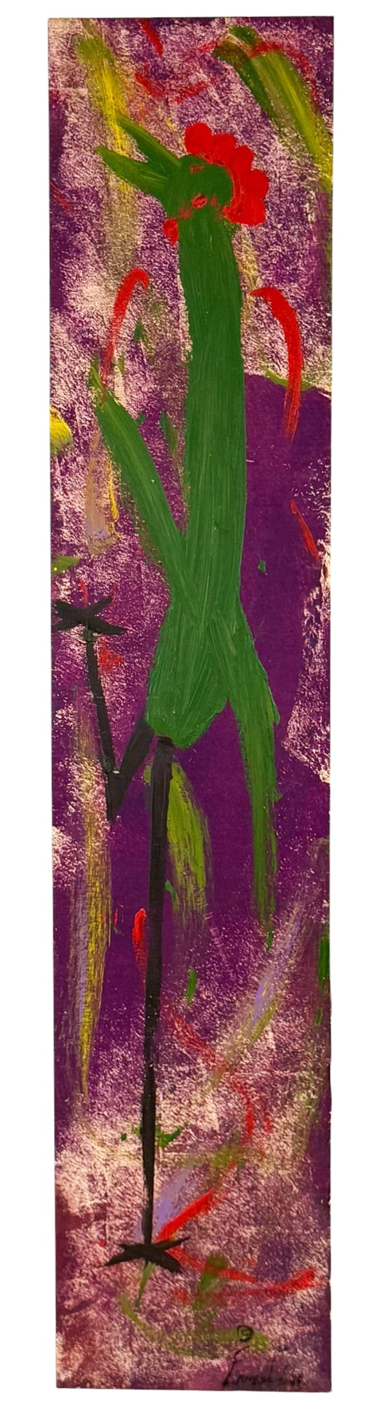 Ernest Lee American Mixed Media Chicken Painting: Ernest Lee (American, 20th Century) folk art style mixed media painting on wood featuring a stylized large chicken in green, red and black, set against a richly textured purple and magenta background.