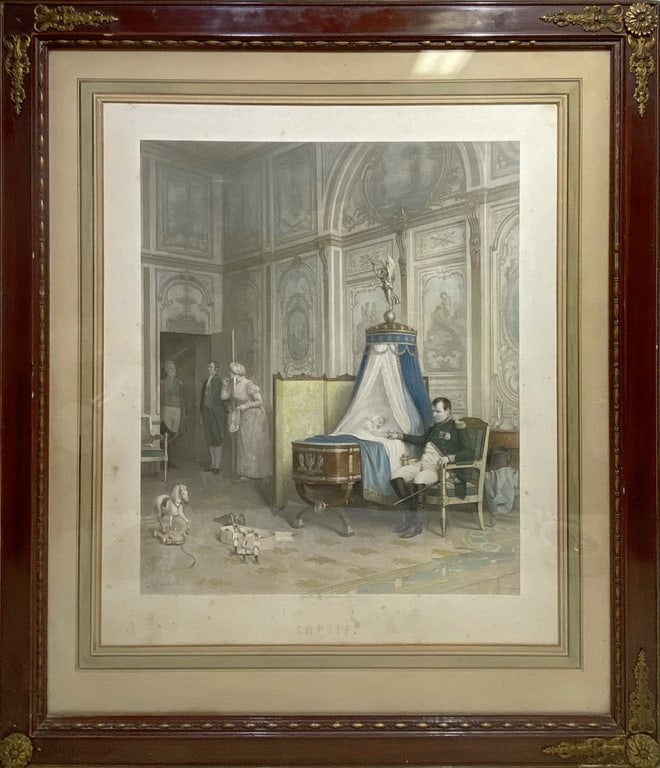 Napoleon Bonaparte Printed by Boussod Valadon & Co: Napoleon Bonaparte print from the original made by Albert Dawant (French, 1852-1923) and printed by Boussod Valadon & Co, Paris. Napoleon seated beside a cradle, gazing at his sleeping child (Napoleon