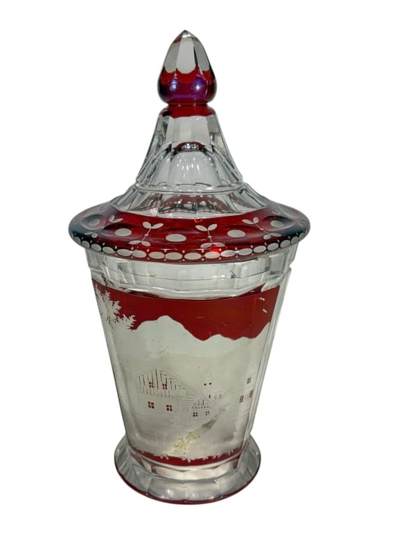 Bohemian Engraved Ruby Cut to Clear Glass Jar (1 of 6)