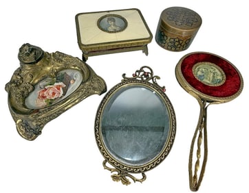 Vintage Vanity Mirrors, Boxes & Inkwell 5pc LOT