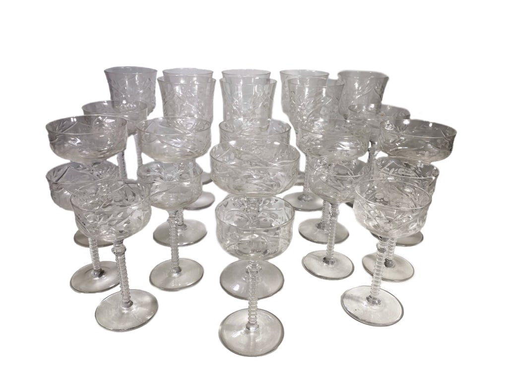 VTG Rock Sharpe Spiral Stem Goblets 23pc LOT: Twenty-three Rock Sharpe crystal goblets with etched floral motifs and spiral-cut stems, including wine and water glasses. The largest measures approximately 7.75 inches tall by 3.25 inches wide by 3.