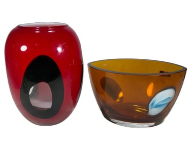 Czech Bohemian & Waterford Amber Glass Vases 2pcs