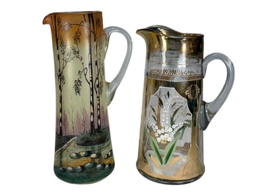 Moser Style Hand-Painted Glass Jugs 2pc LOT