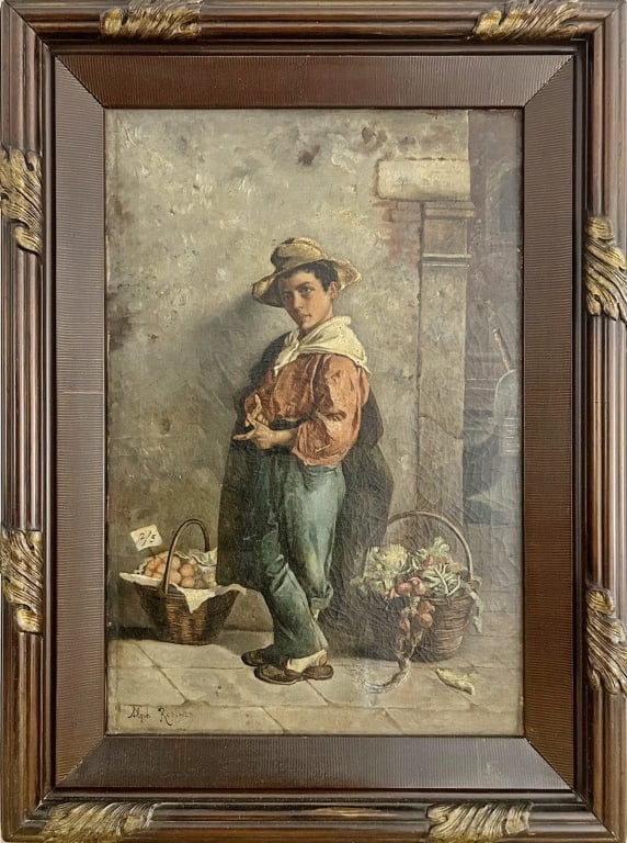 Late 19th C Alph. Resines Oil on Canvas SIGNED: Oil on canvas of a young street vendor beside baskets of produce, painted in 19th-century European realist style with rich earthy tones. Signed 'Alph. Resines' to the lower left. Work Size: 25 x 16.75