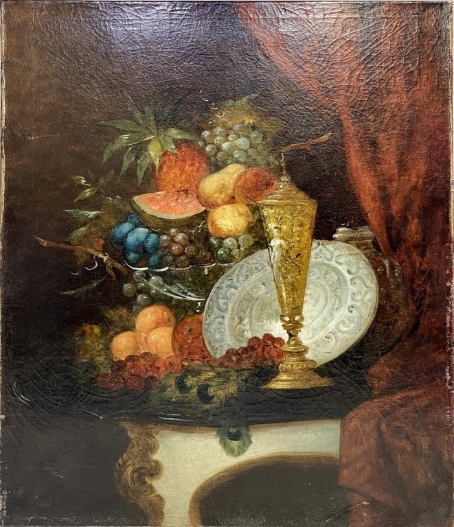 Antique Still Life Signed Velo Oil on Canvas: Still life of fruits, grapes, and ornate vessels with rich tones and drapery, in the style of 19th-century European realism. Signed to the lower left. Dimensions: 26.5 X 21.75 X 1 in. Condition: Go