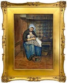 E. Descomps Dutch Mother Nursing Watercolor SIGNED