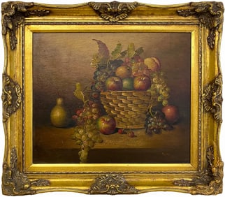 Still Life with Fruit Basket Oil on Wood SIGNED