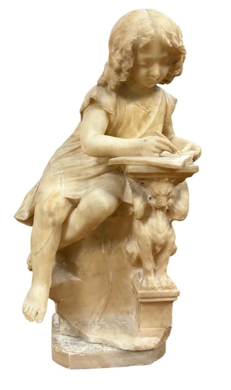 After Giuseppe Gambogi Young Girl Alabaster Statue: Giuseppe Gambogi (Italian, 1862-1938) alabaster sculpture depicting a seated young girl reading, finely carved with detailed drapery and delicate facial features. Dimensions: 21.5 X 10.25 X 8.25 in. C