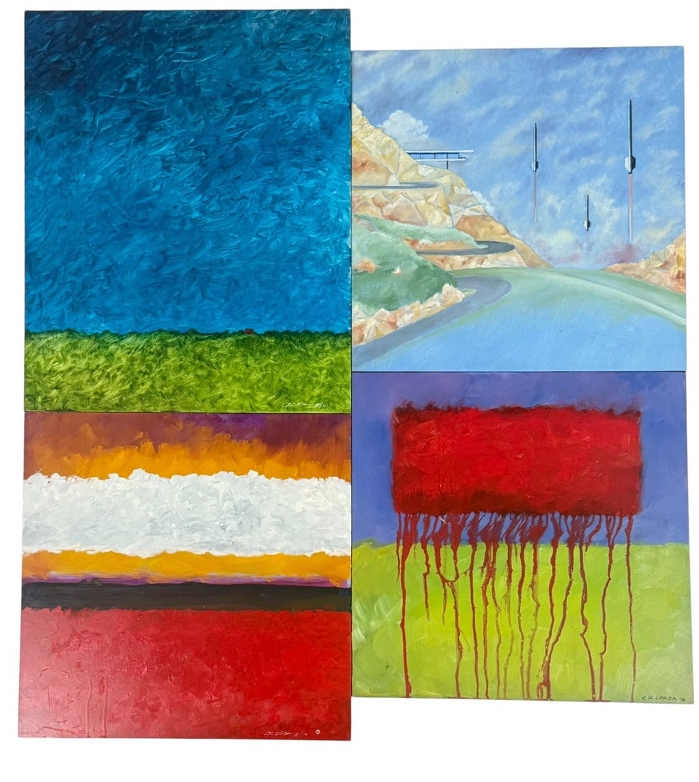 C.R. Corda Oil Paintings on Gesso Board 4pc LOT: Lot of four C.R. Corda (20th/21st century) abstract and landscape oil paintings on gesso board. Each painting is hand signed, and the dates range between 2016 and 2017. The largest measures approximat