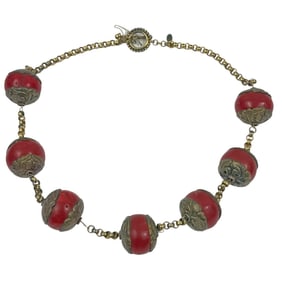 Vintage Tibetan Brass & Synthetic Amber Necklace