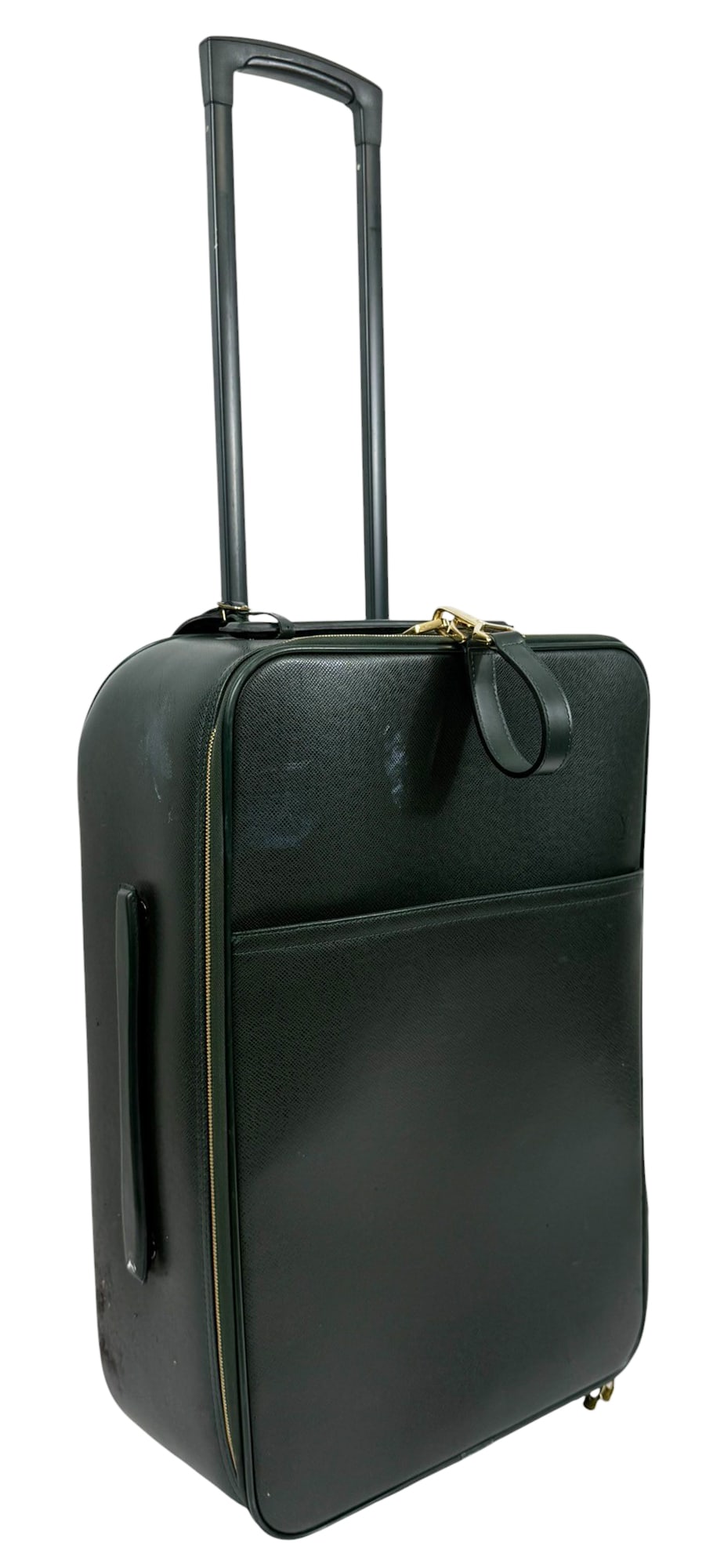 Designer Inspired Saffiano Leather Travel Suitcase: Designer-inspired rolling suitcase features a structured Saffiano-style textured exterior in a rich dark green hue with gold-tone hardware. This carry-on includes smooth-rolling wheels, a telescoping 