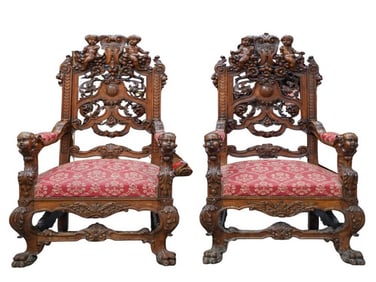 Pair of Renaissance Revival Carved Oak Armchairs