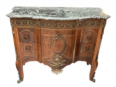 Louis XV Style Marquetry Ormolu Marble Top Chest