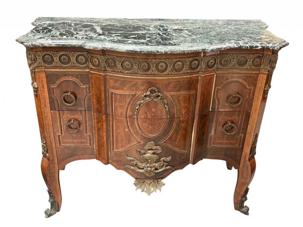 Louis XV Style Marquetry Ormolu Marble Top Chest (1 of 8)