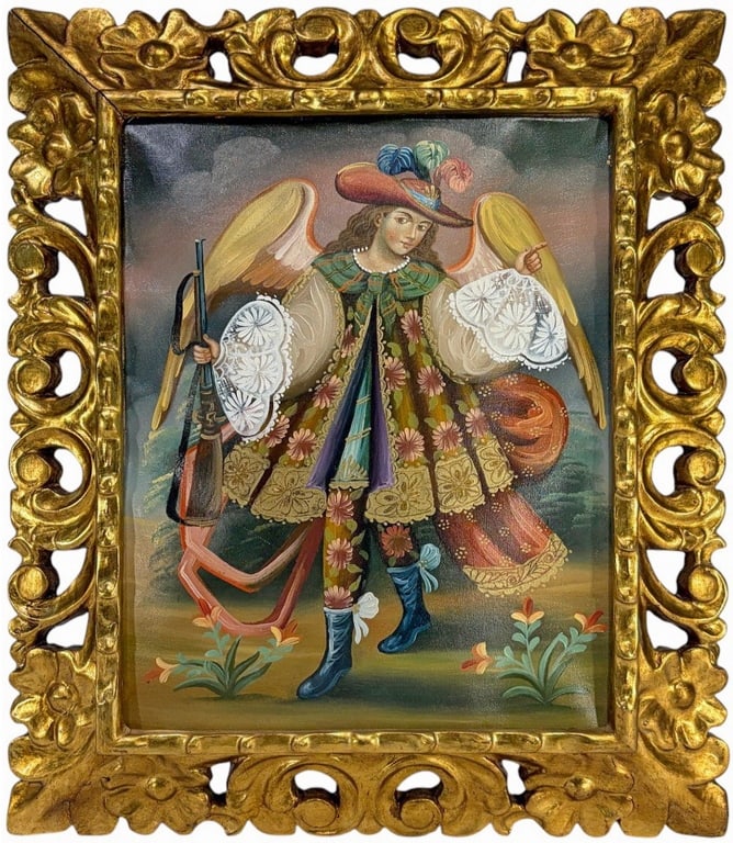 Cuzco School Oil Painting on Canvas & Gilt Frame: Cuzco School oil painting on canvas depicting an angel in ornate floral robes with musket, feathered hat, and blue boots, against a dark background. In carved gilt frame with floral and scroll motifs.