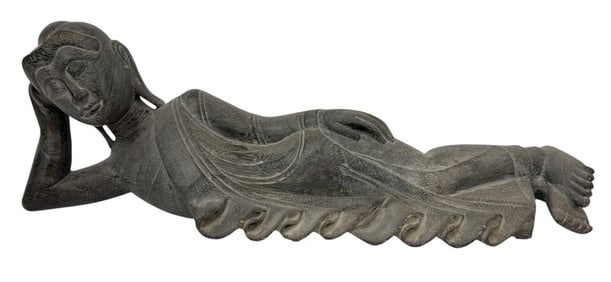 Hand-Carved Wooden Reclining Buddha Sculpture
