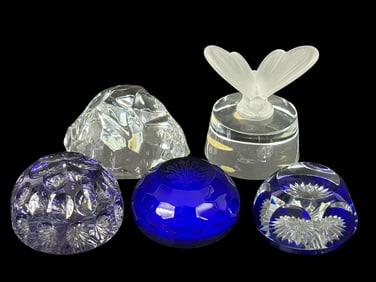 Signed Crystal & Art Glass Paperweights 5pc LOT